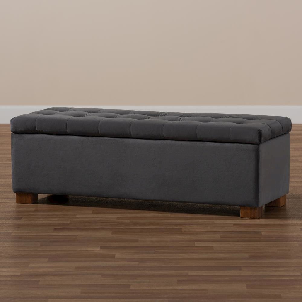Grey Velvet Fabric Upholstered Grid-Tufted Storage Ottoman Bench