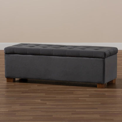 Grey Velvet Fabric Upholstered Grid-Tufted Storage Ottoman Bench