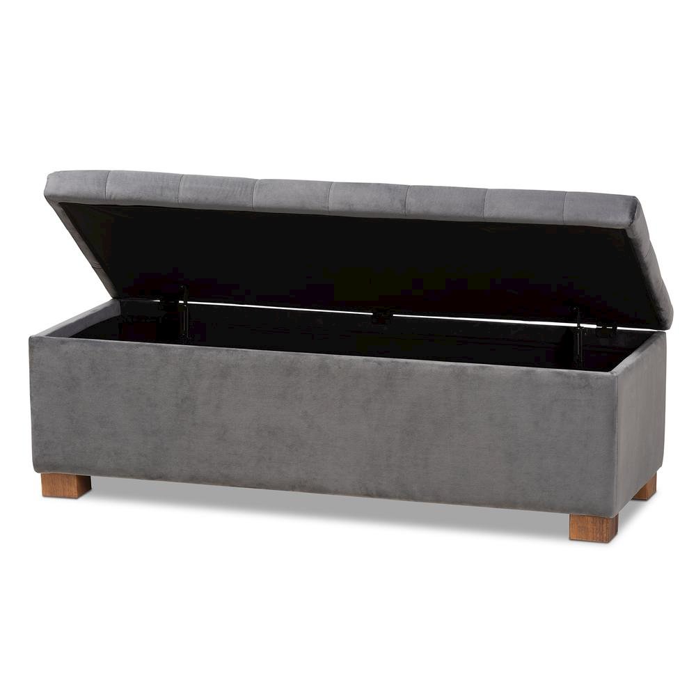 Grey Velvet Fabric Upholstered Grid-Tufted Storage Ottoman Bench