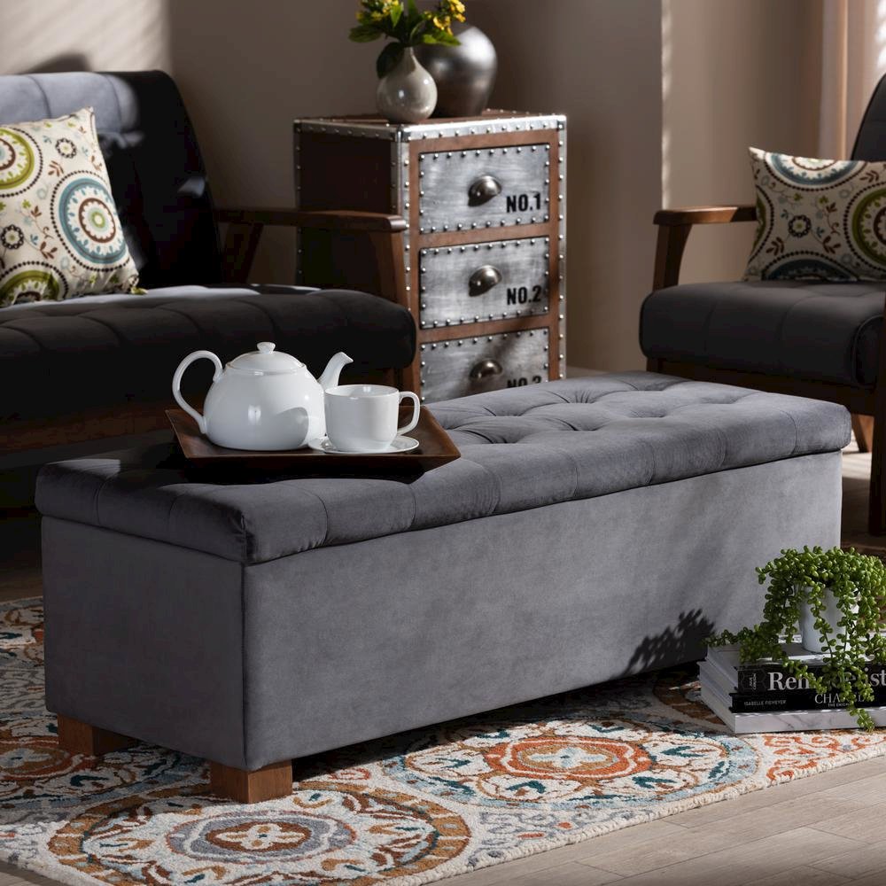 Grey Velvet Fabric Upholstered Grid-Tufted Storage Ottoman Bench