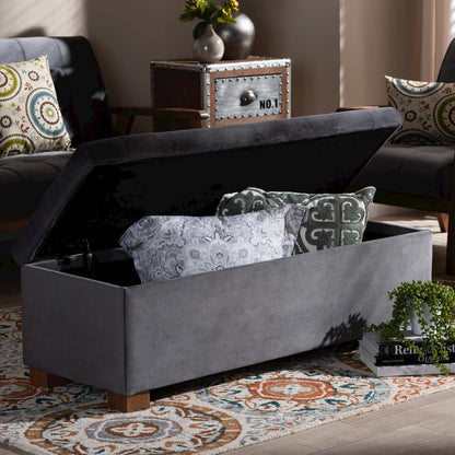 Grey Velvet Fabric Upholstered Grid-Tufted Storage Ottoman Bench