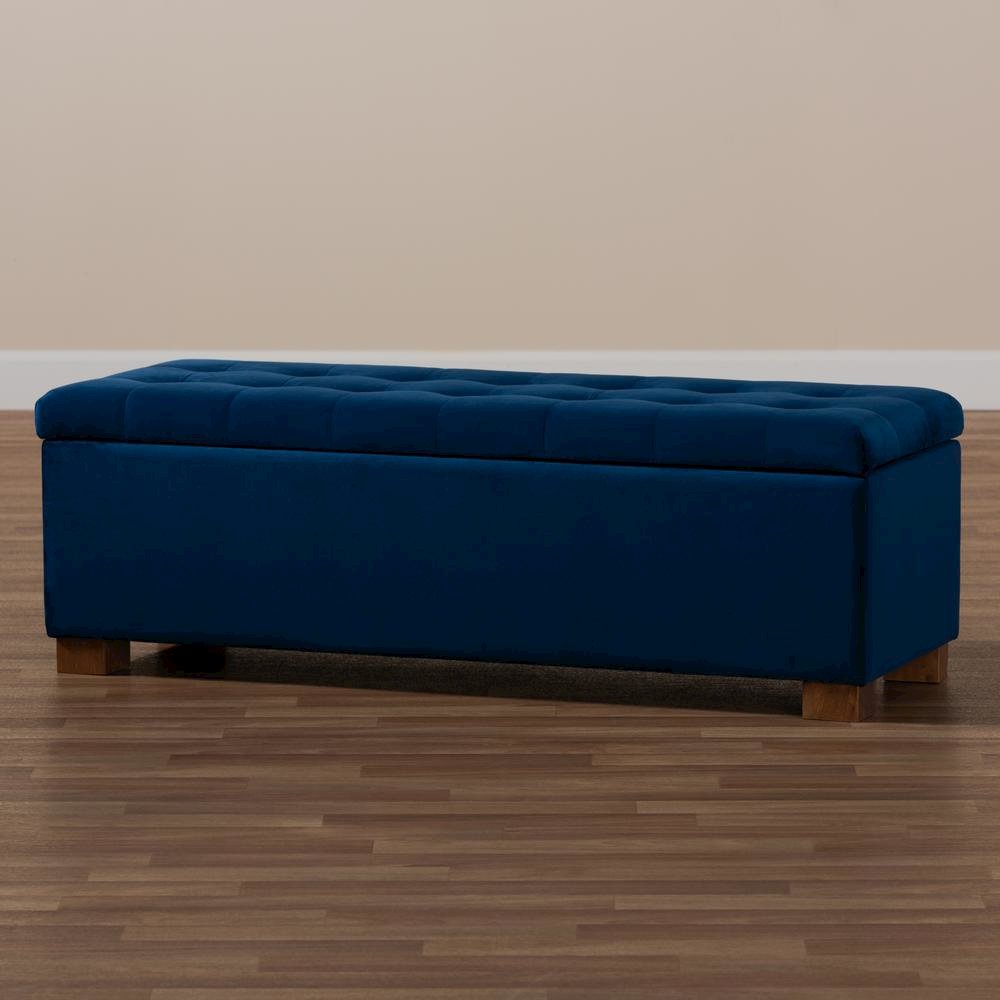 Navy Blue Velvet Fabric Upholstered Grid-Tufted Storage Ottoman Bench