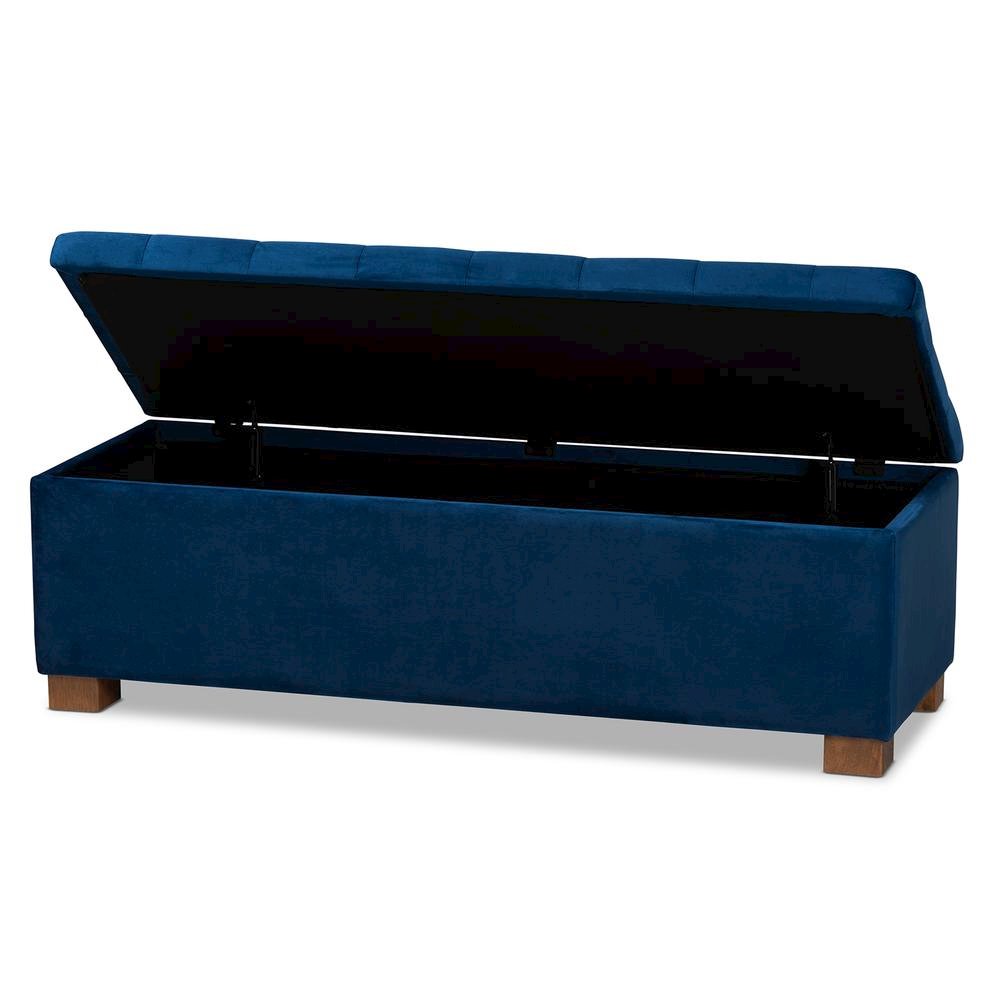 Navy Blue Velvet Fabric Upholstered Grid-Tufted Storage Ottoman Bench