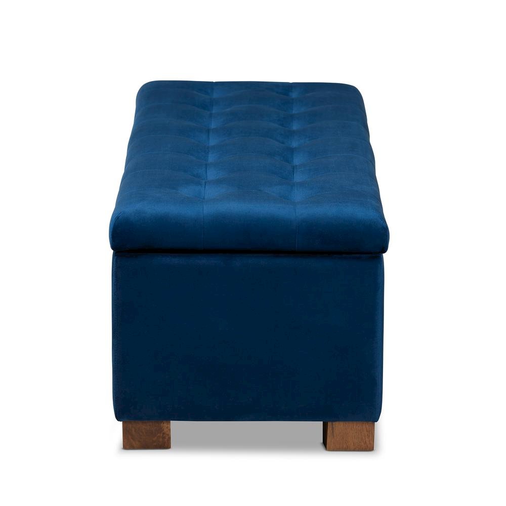 Navy Blue Velvet Fabric Upholstered Grid-Tufted Storage Ottoman Bench