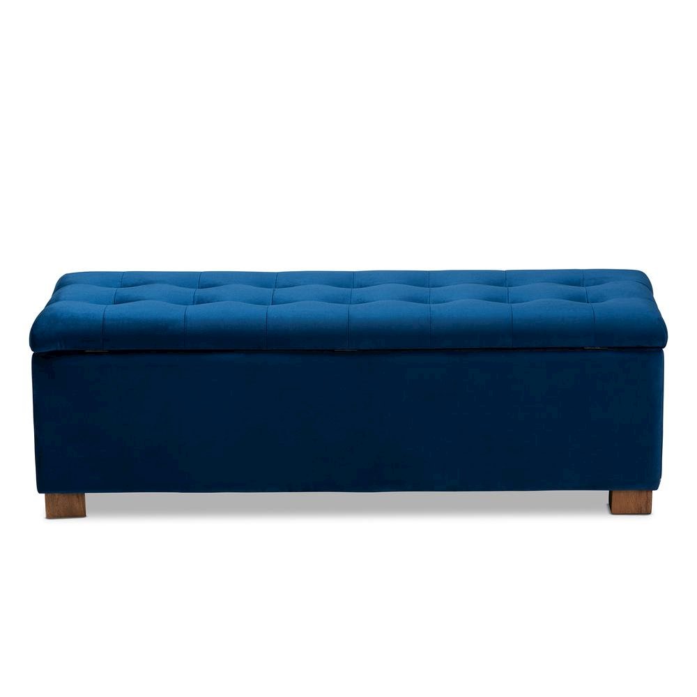 Navy Blue Velvet Fabric Upholstered Grid-Tufted Storage Ottoman Bench