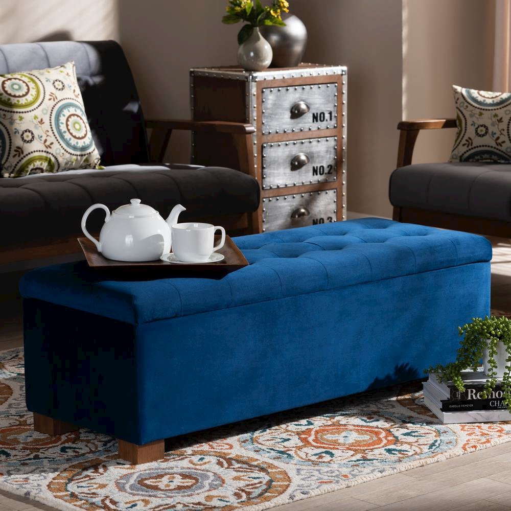 Navy Blue Velvet Fabric Upholstered Grid-Tufted Storage Ottoman Bench