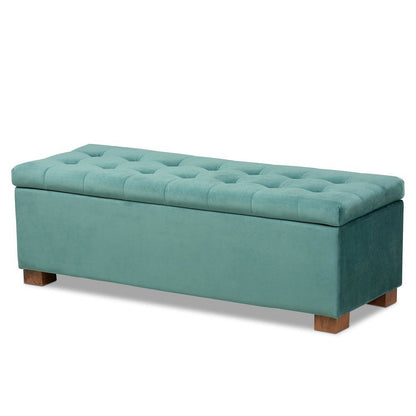Teal Blue Velvet Fabric Upholstered Grid-Tufted Storage Ottoman Bench