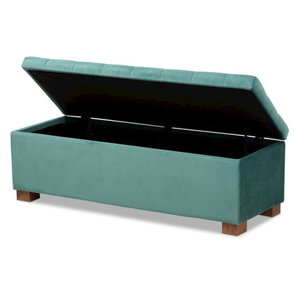 Teal Blue Velvet Fabric Upholstered Grid-Tufted Storage Ottoman Bench