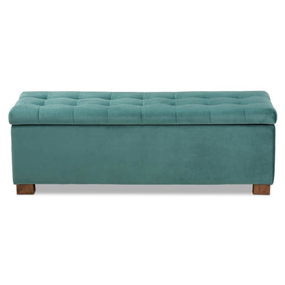 Teal Blue Velvet Fabric Upholstered Grid-Tufted Storage Ottoman Bench