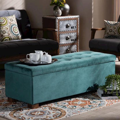 Teal Blue Velvet Fabric Upholstered Grid-Tufted Storage Ottoman Bench
