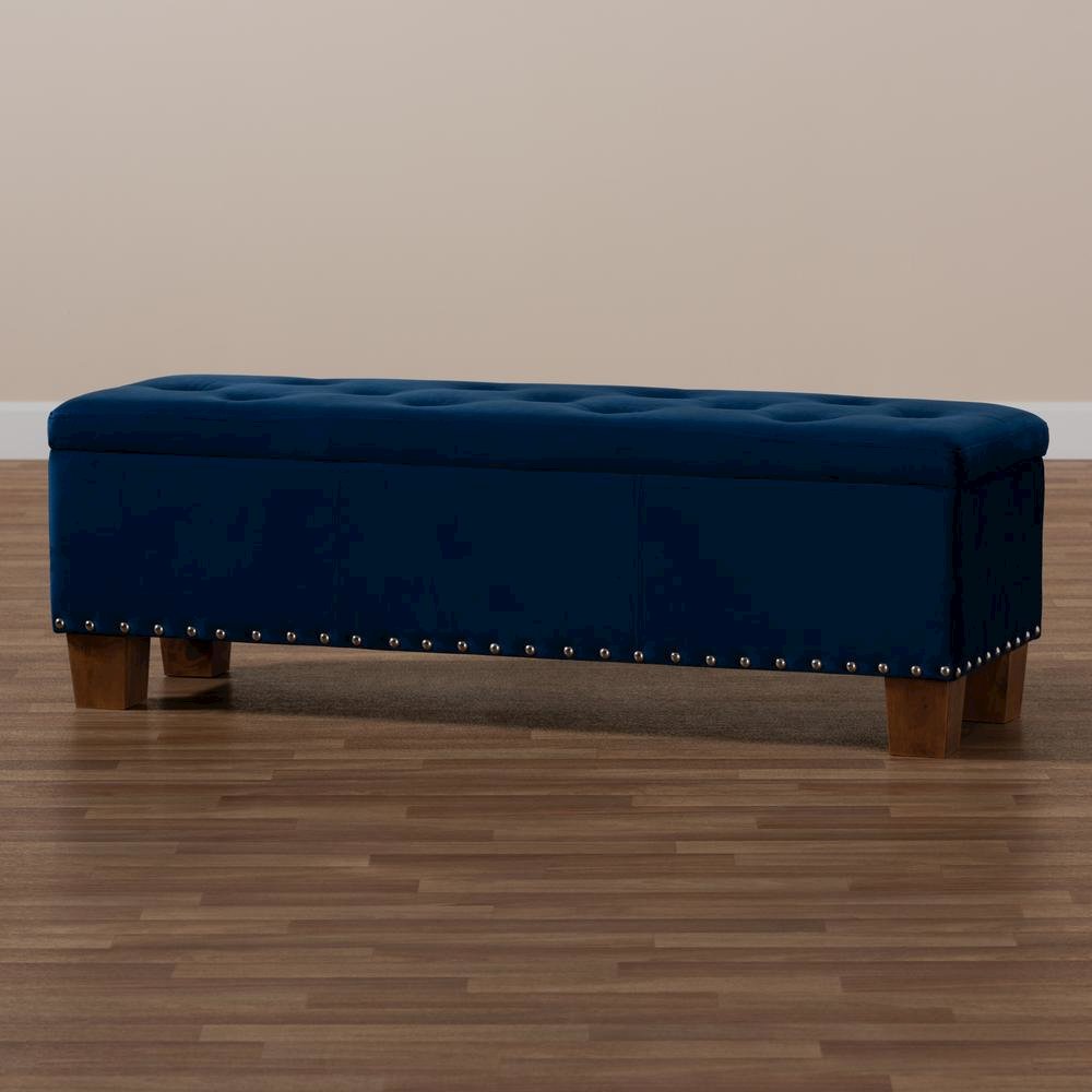 Navy Blue Velvet Fabric Upholstered Button-Tufted Storage Ottoman Bench