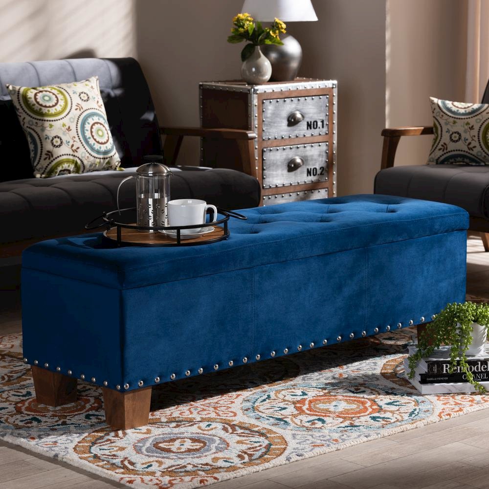 Navy Blue Velvet Fabric Upholstered Button-Tufted Storage Ottoman Bench