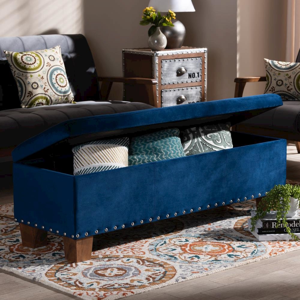 Navy Blue Velvet Fabric Upholstered Button-Tufted Storage Ottoman Bench