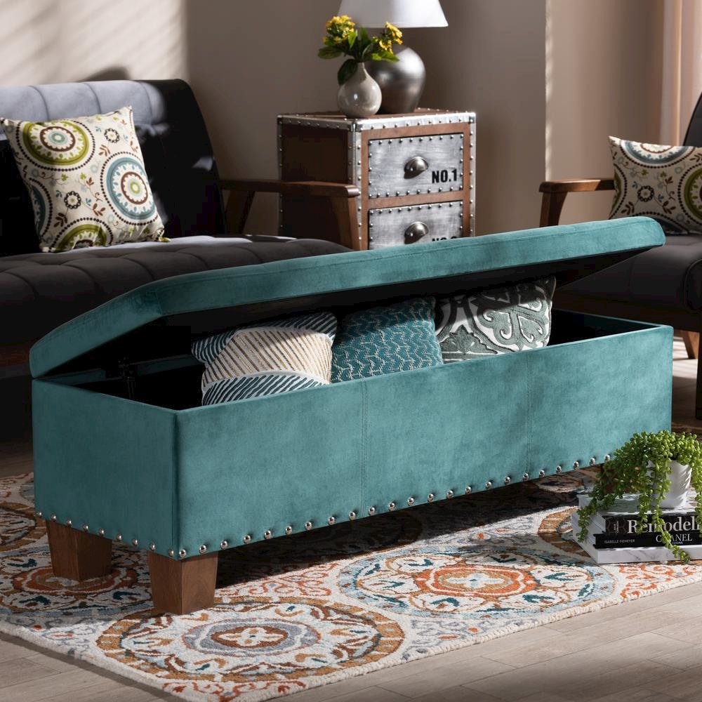 Teal Blue Velvet Fabric Upholstered Button-Tufted Storage Ottoman Bench
