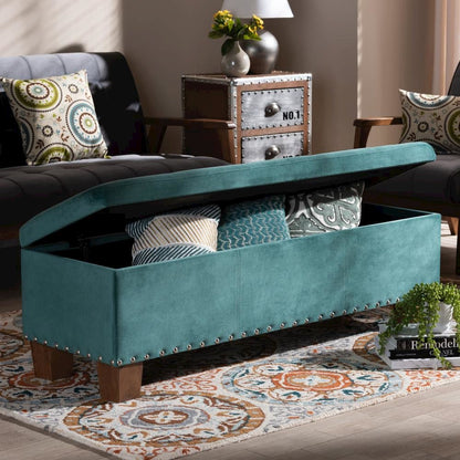 Teal Blue Velvet Fabric Upholstered Button-Tufted Storage Ottoman Bench