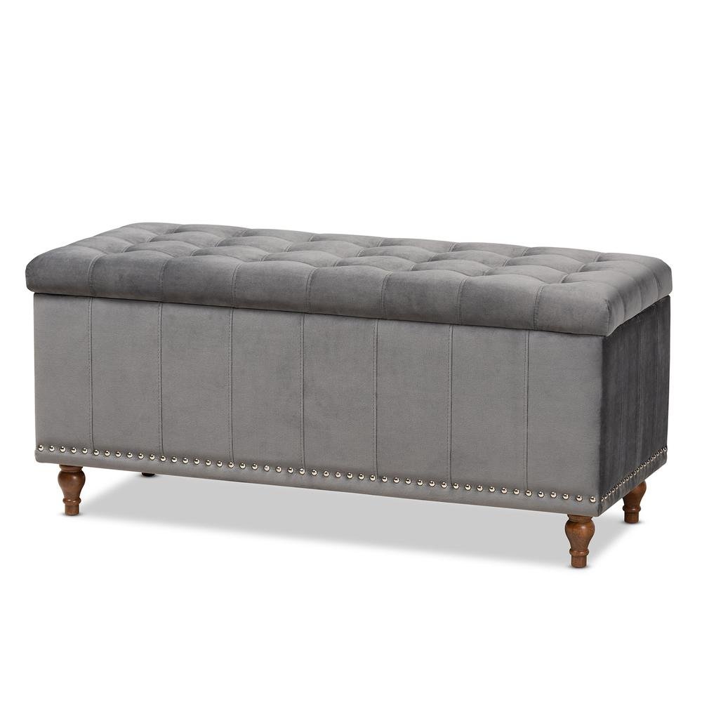 Grey Velvet Fabric Upholstered Button-Tufted Storage Ottoman Bench