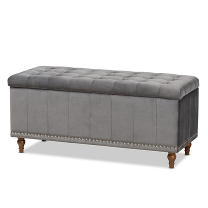 Grey Velvet Fabric Upholstered Button-Tufted Storage Ottoman Bench
