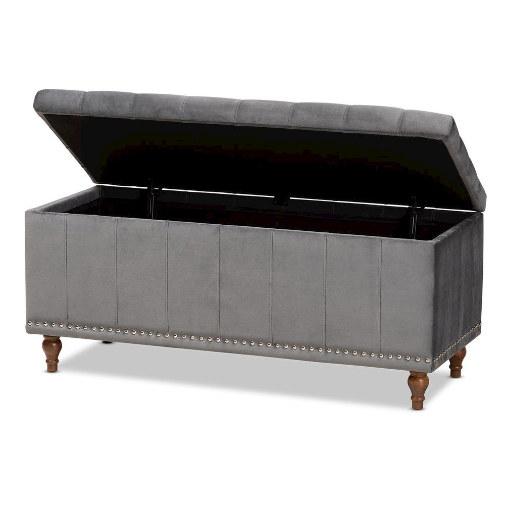 Grey Velvet Fabric Upholstered Button-Tufted Storage Ottoman Bench