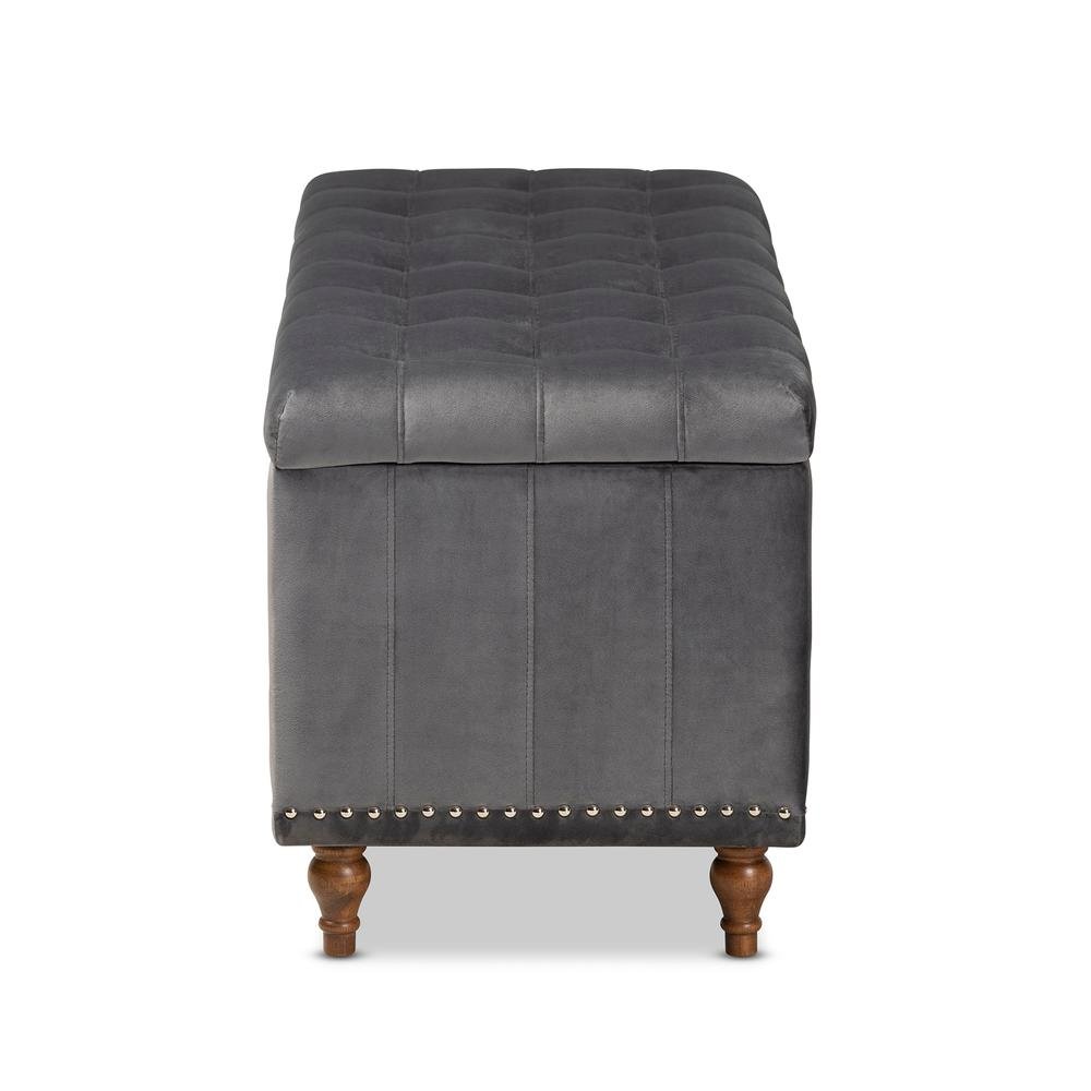 Grey Velvet Fabric Upholstered Button-Tufted Storage Ottoman Bench