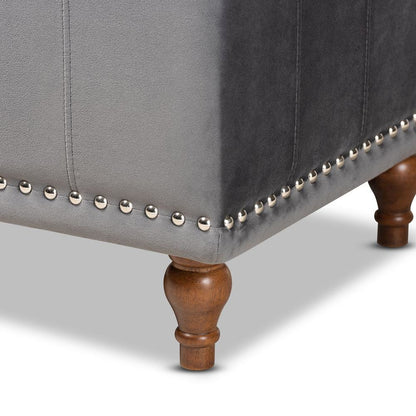 Grey Velvet Fabric Upholstered Button-Tufted Storage Ottoman Bench