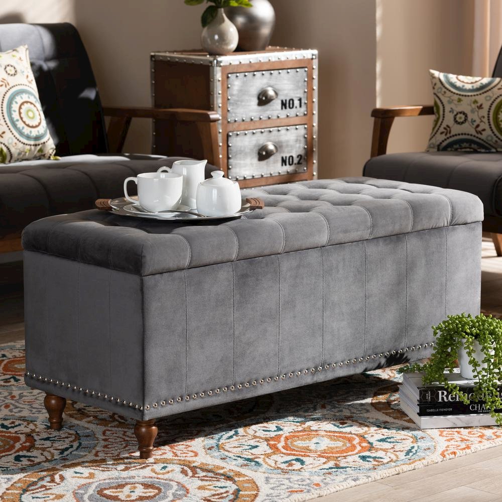 Grey Velvet Fabric Upholstered Button-Tufted Storage Ottoman Bench
