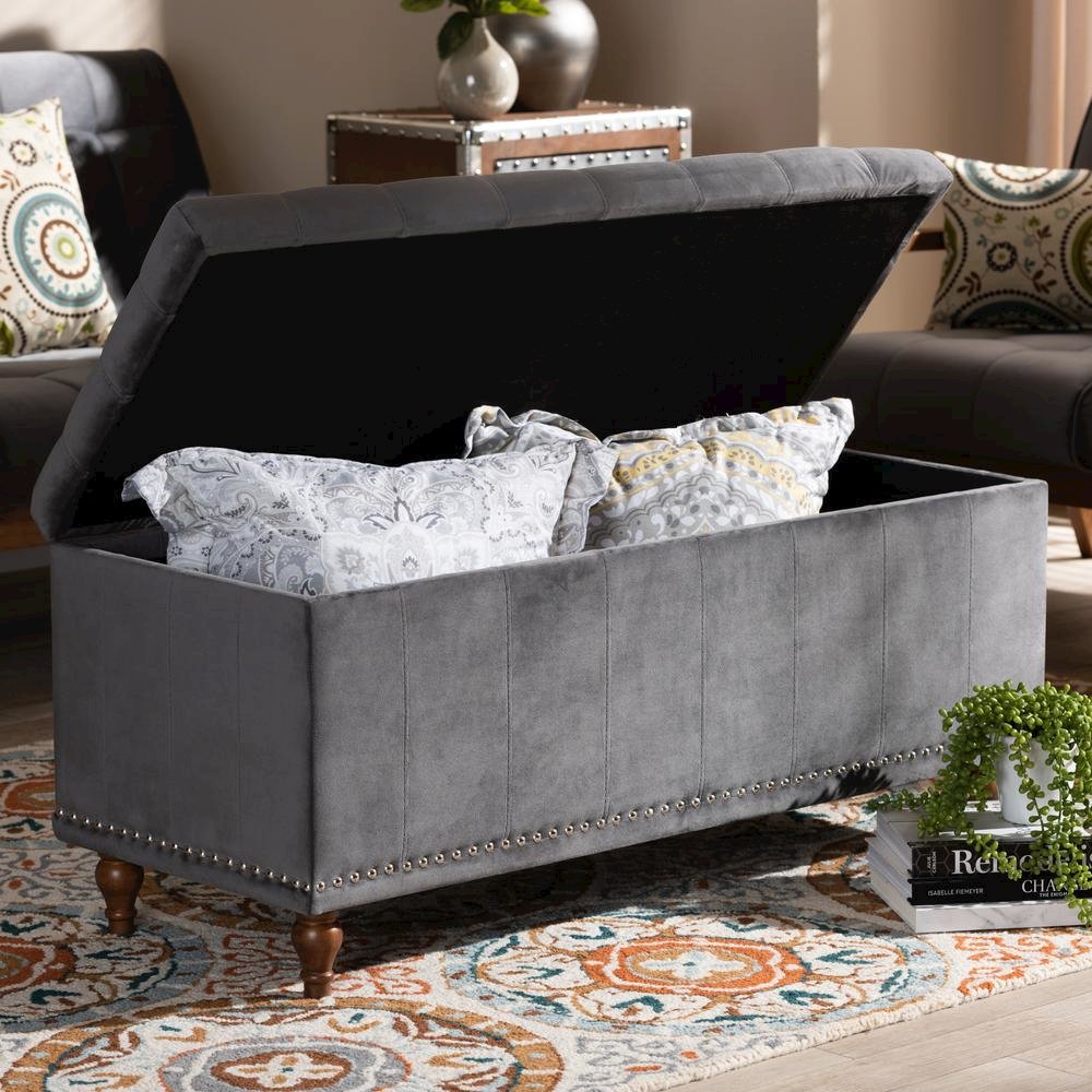 Grey Velvet Fabric Upholstered Button-Tufted Storage Ottoman Bench
