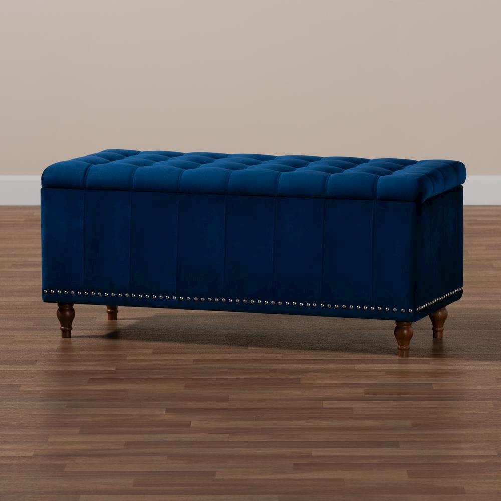 Navy Blue Velvet Fabric Upholstered Button-Tufted Storage Ottoman Bench