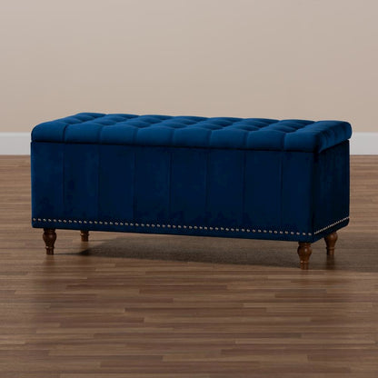 Navy Blue Velvet Fabric Upholstered Button-Tufted Storage Ottoman Bench