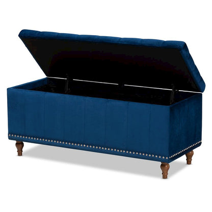 Navy Blue Velvet Fabric Upholstered Button-Tufted Storage Ottoman Bench