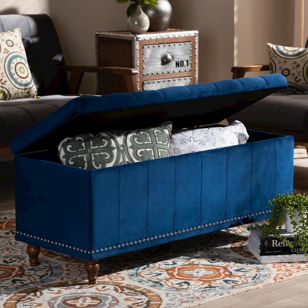 Navy Blue Velvet Fabric Upholstered Button-Tufted Storage Ottoman Bench