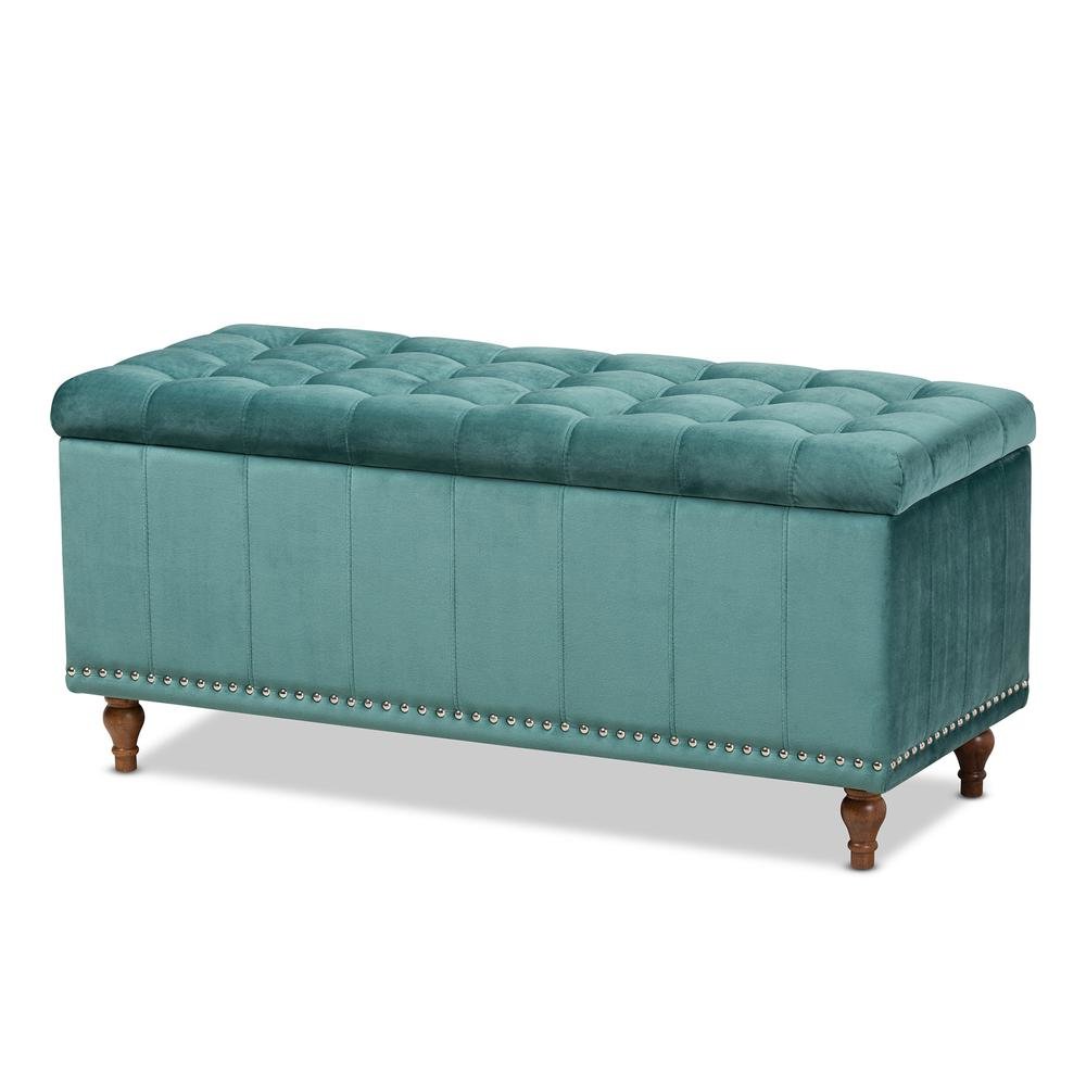 Teal Blue Velvet Fabric Upholstered Button-Tufted Storage Ottoman Bench