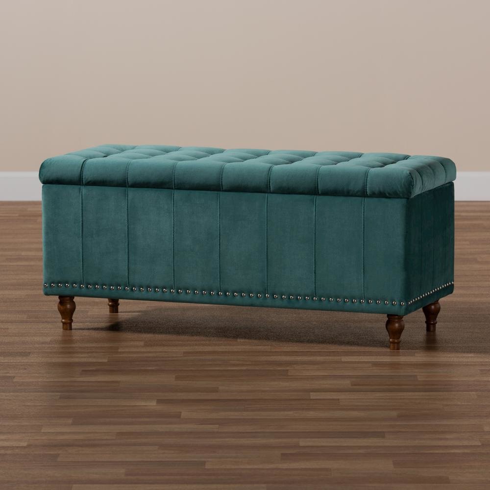 Teal Blue Velvet Fabric Upholstered Button-Tufted Storage Ottoman Bench