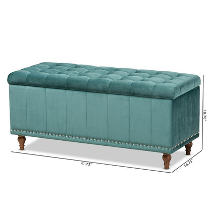 Teal Blue Velvet Fabric Upholstered Button-Tufted Storage Ottoman Bench