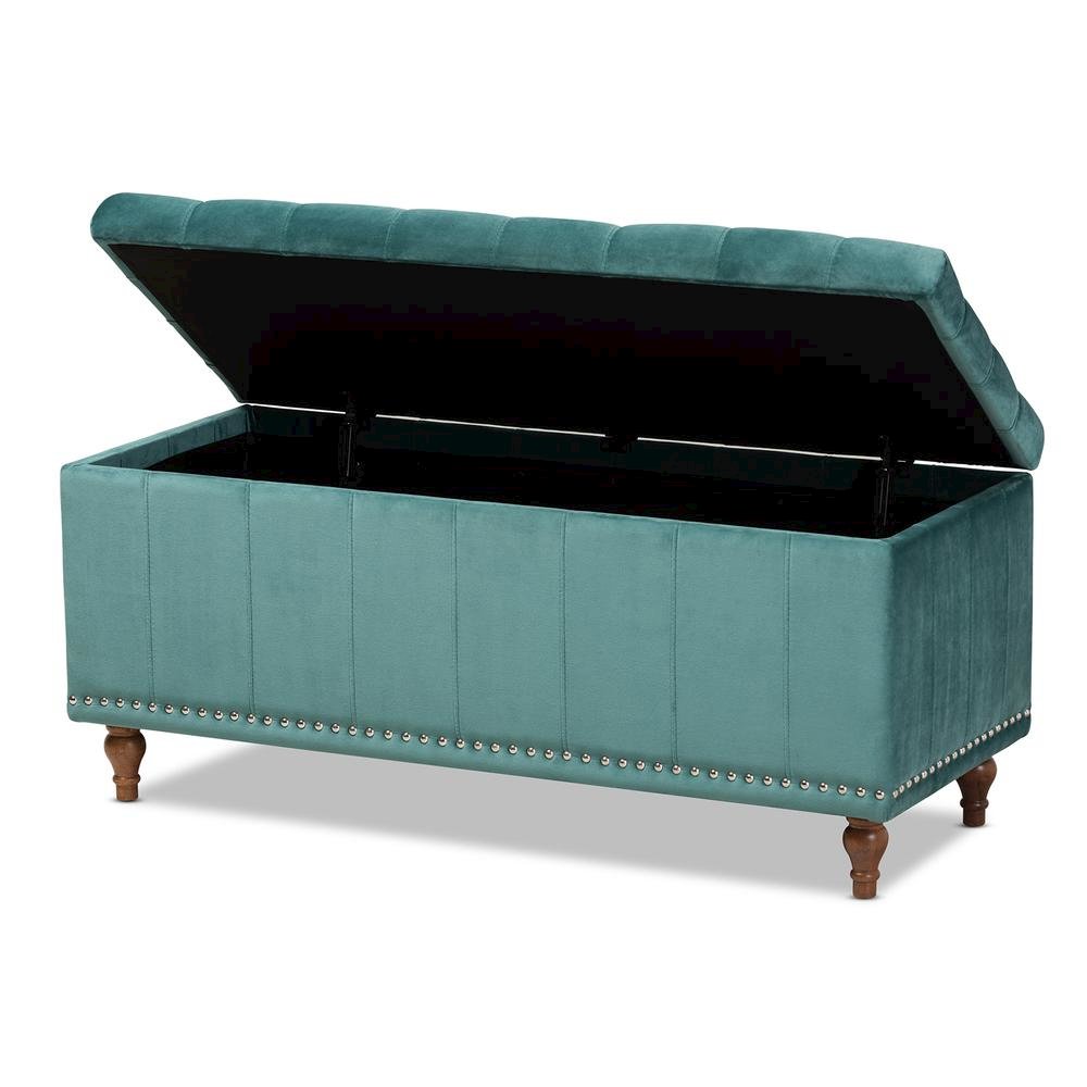 Teal Blue Velvet Fabric Upholstered Button-Tufted Storage Ottoman Bench