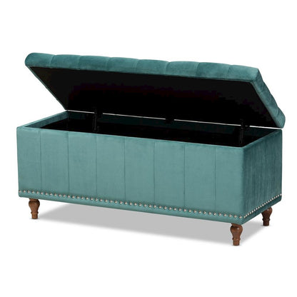 Teal Blue Velvet Fabric Upholstered Button-Tufted Storage Ottoman Bench