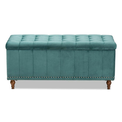 Teal Blue Velvet Fabric Upholstered Button-Tufted Storage Ottoman Bench