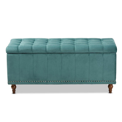 Teal Blue Velvet Fabric Upholstered Button-Tufted Storage Ottoman Bench