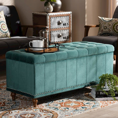 Teal Blue Velvet Fabric Upholstered Button-Tufted Storage Ottoman Bench