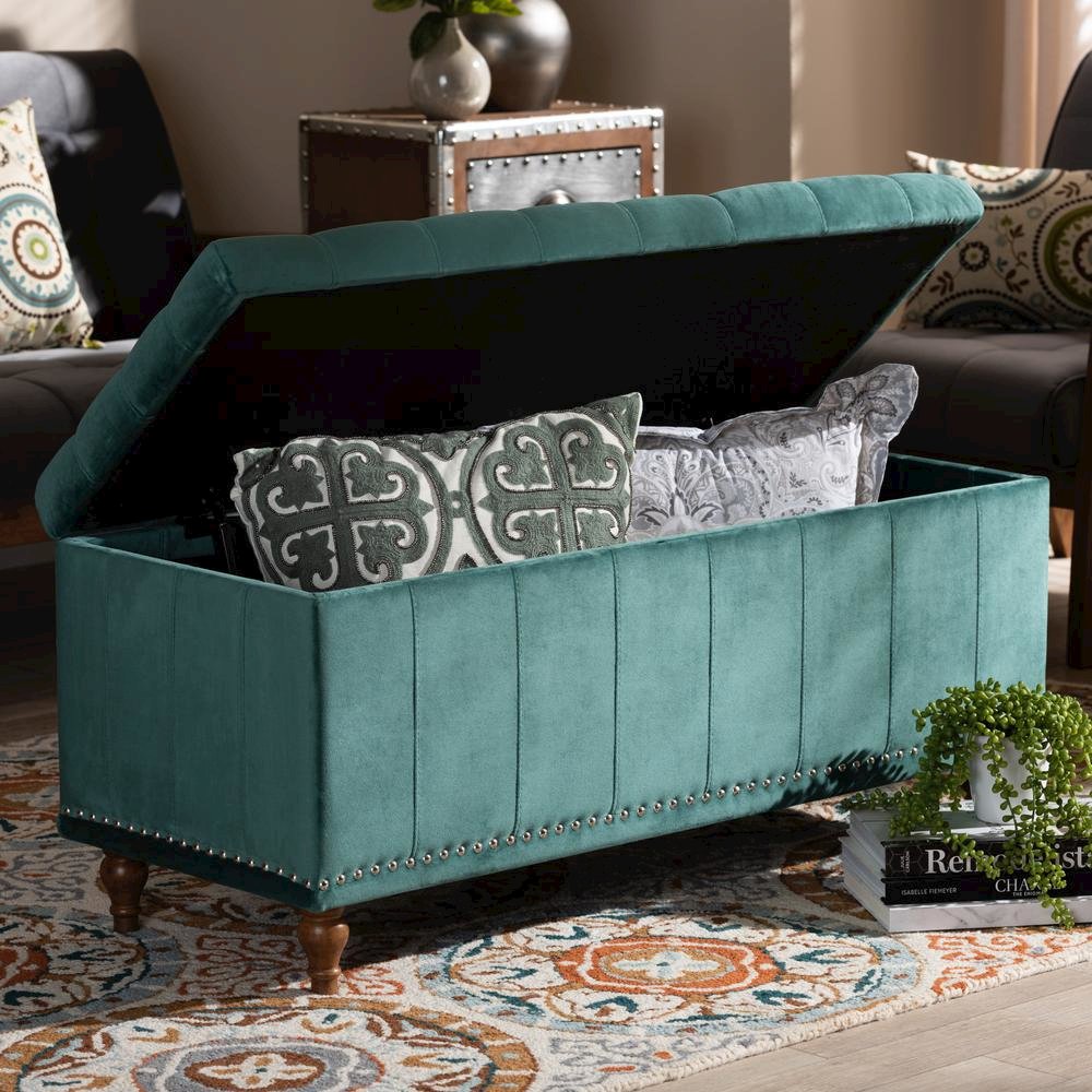 Teal Blue Velvet Fabric Upholstered Button-Tufted Storage Ottoman Bench