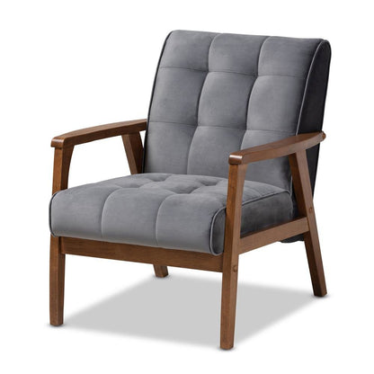 Grey Velvet Fabric Upholstered Walnut Finished Wood Armchair