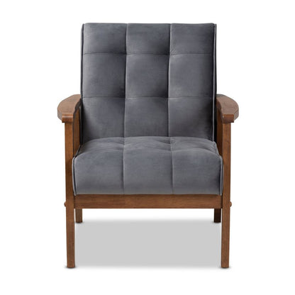 Grey Velvet Fabric Upholstered Walnut Finished Wood Armchair
