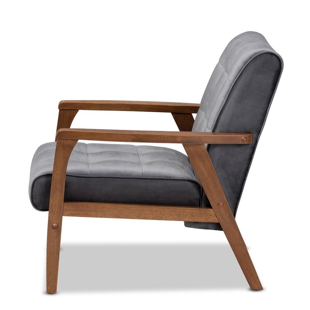 Grey Velvet Fabric Upholstered Walnut Finished Wood Armchair