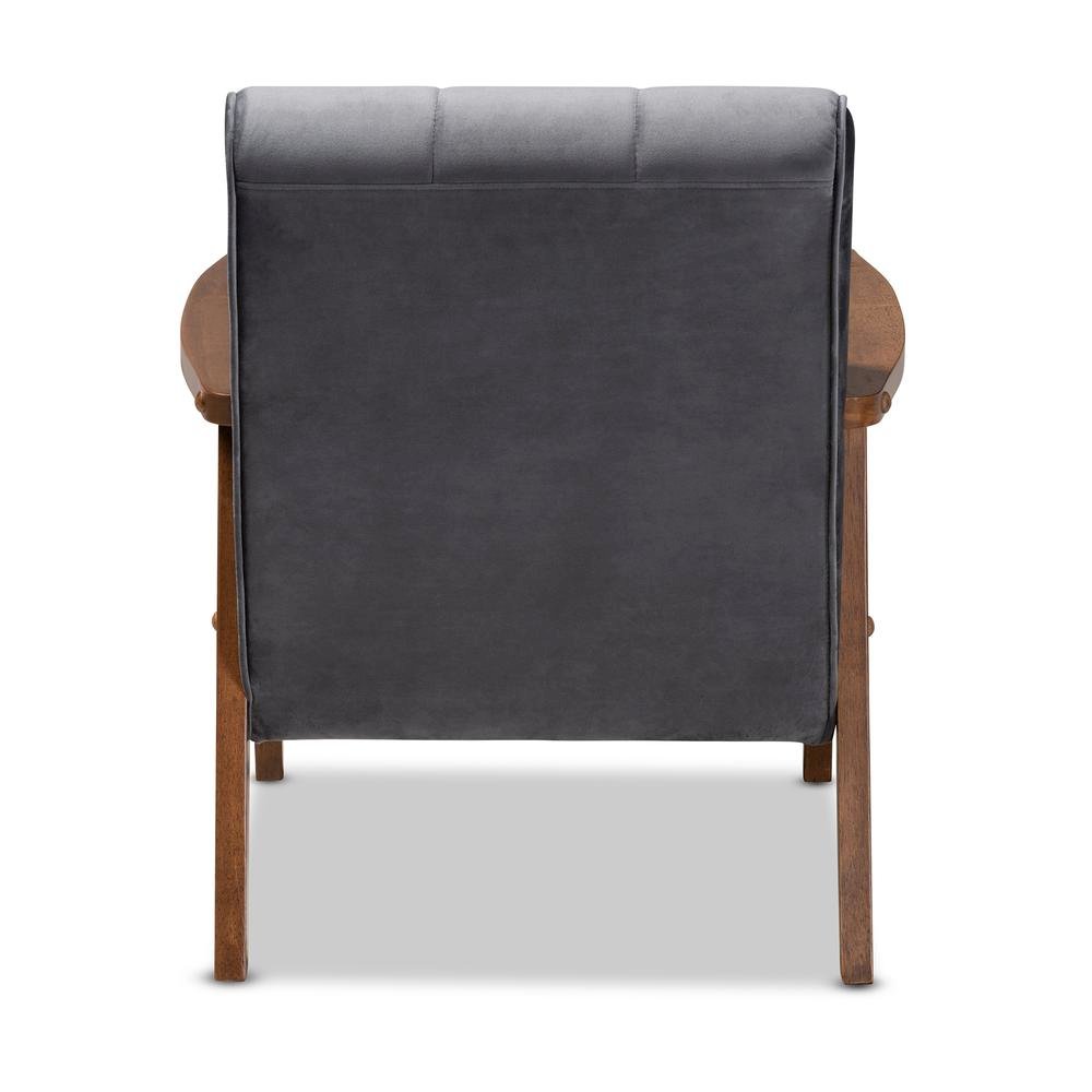 Grey Velvet Fabric Upholstered Walnut Finished Wood Armchair
