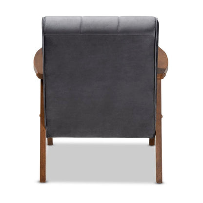 Grey Velvet Fabric Upholstered Walnut Finished Wood Armchair