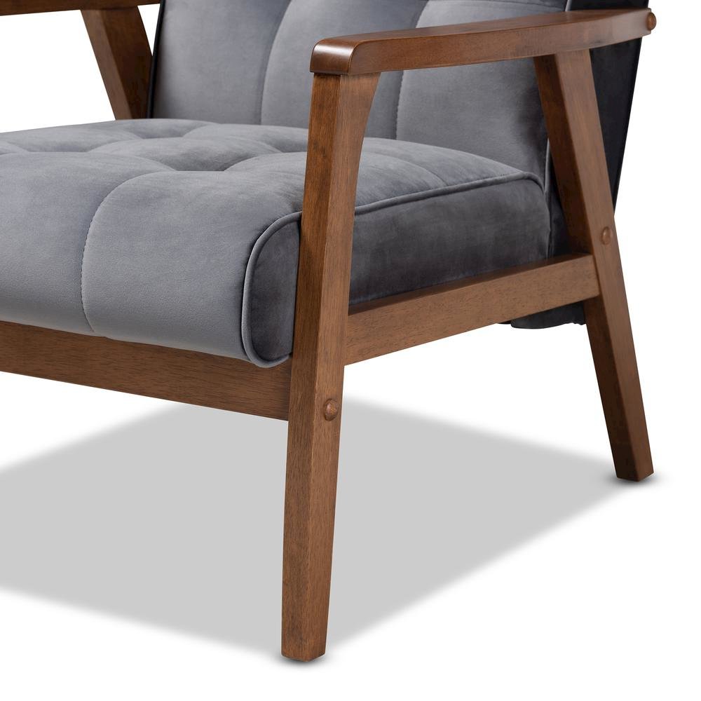 Grey Velvet Fabric Upholstered Walnut Finished Wood Armchair