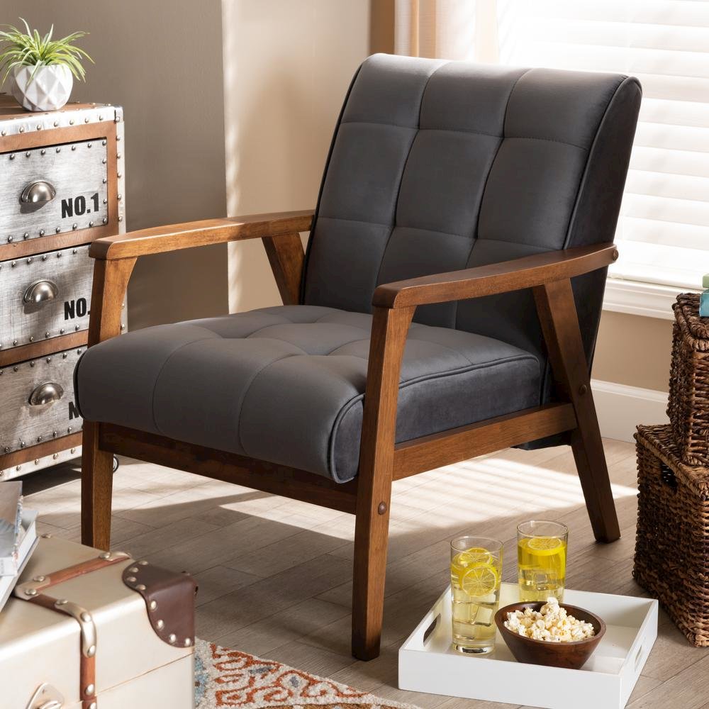 Grey Velvet Fabric Upholstered Walnut Finished Wood Armchair