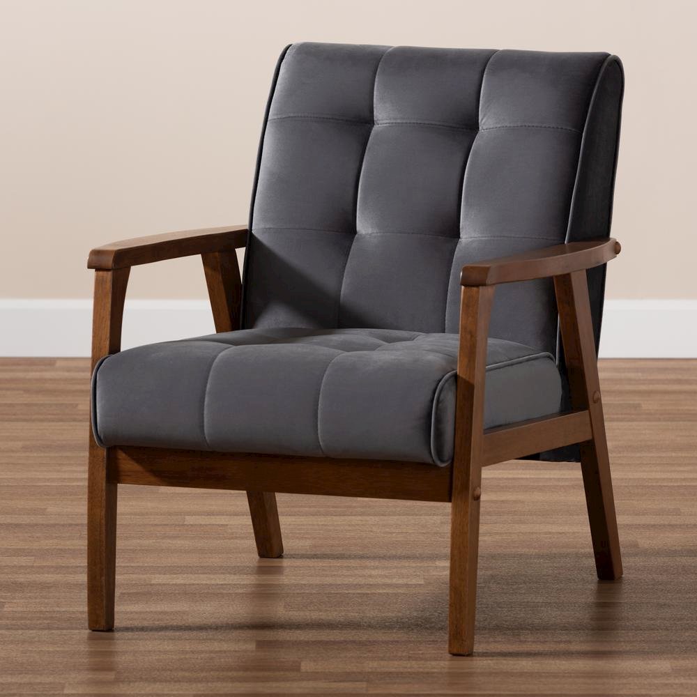 Grey Velvet Fabric Upholstered Walnut Finished Wood Armchair