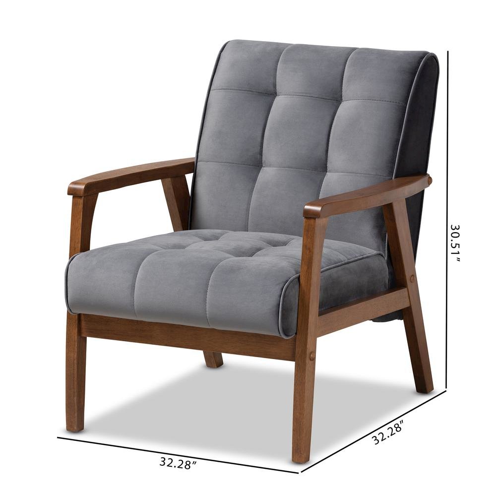 Grey Velvet Fabric Upholstered Walnut Finished Wood Armchair
