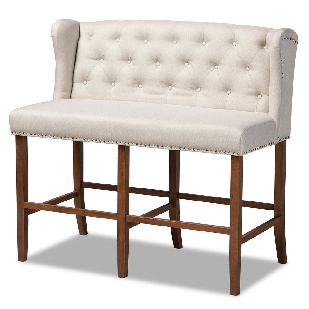 Beige Fabric Upholstered Walnut Finished Wood Button Tufted Bar Stool Bench