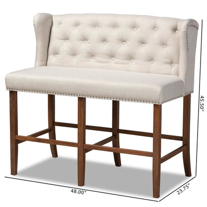 Beige Fabric Upholstered Walnut Finished Wood Button Tufted Bar Stool Bench